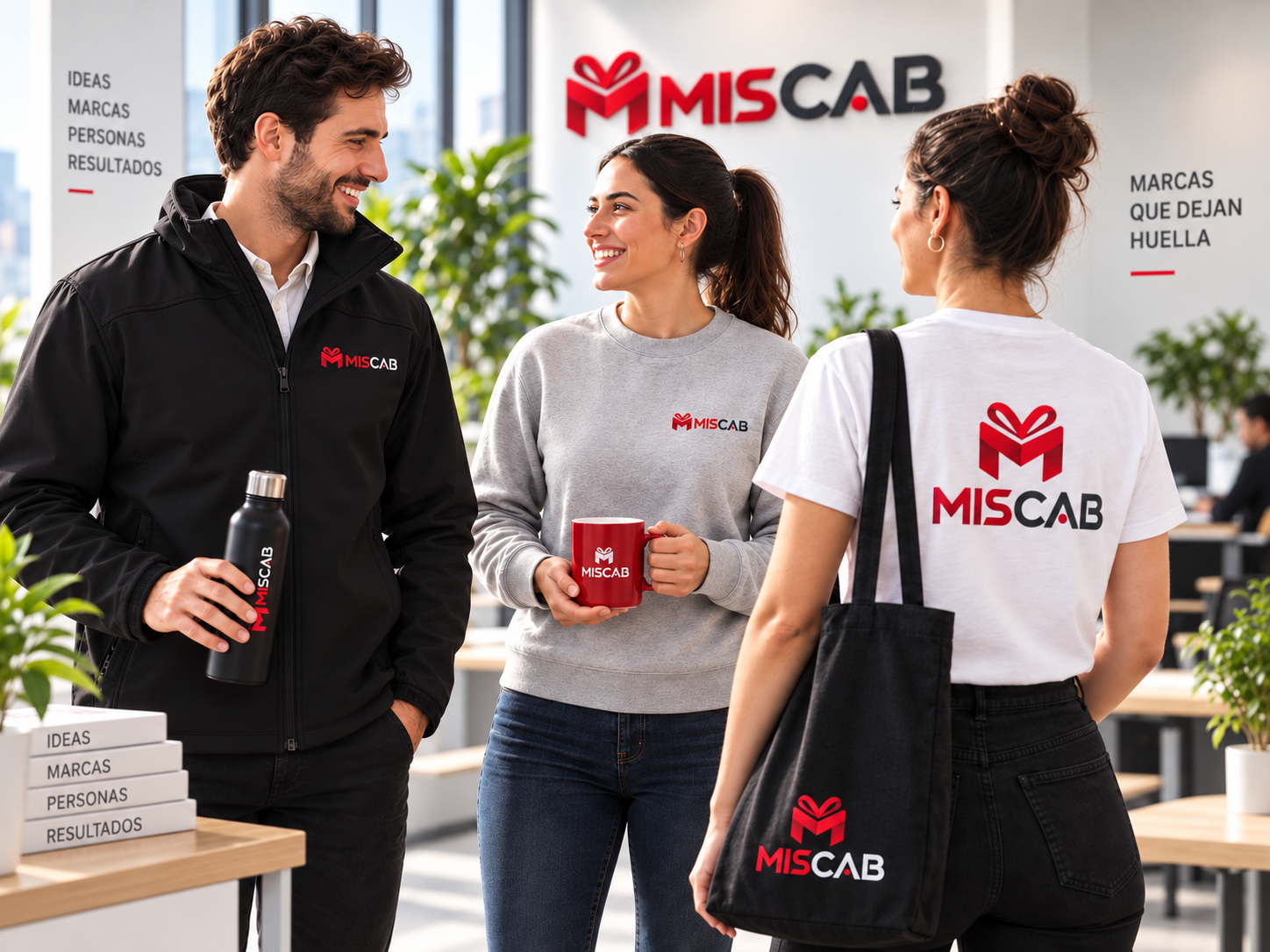Equipo profesional mostrando prendas y productos promocionales MISCAB